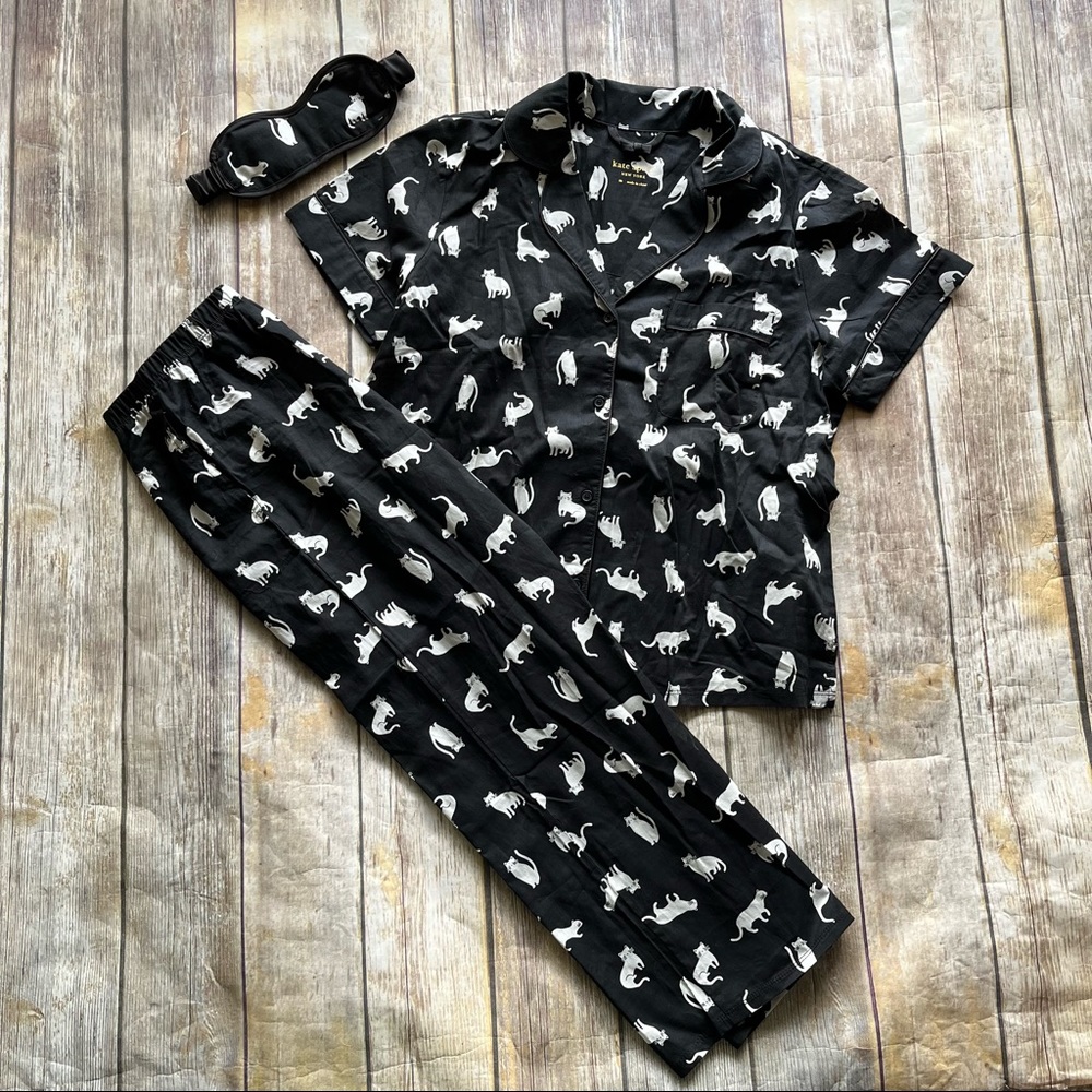 Kate Spade Cat Print Cropped Pajama and Sleep Mask Set